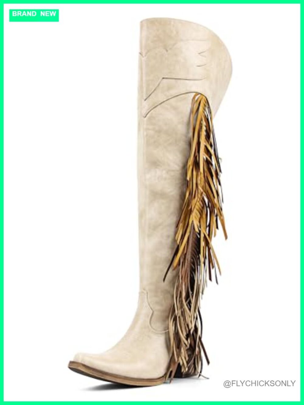 Over Knee Cowboy Boots Pointed Toe Block Heel Fringe Pull On